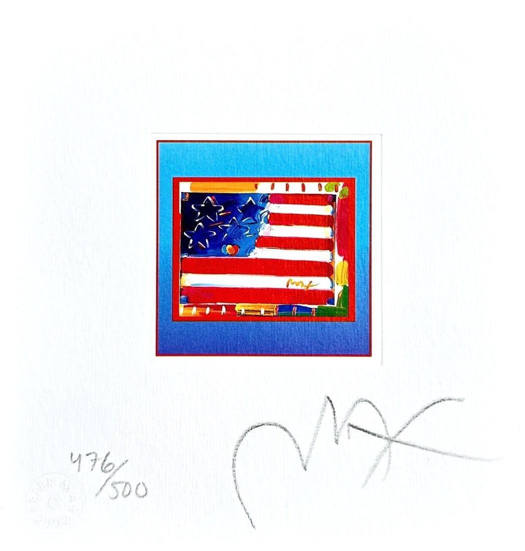 Peter Max, Flag with Heart on Blue, Hand Signed, Official Limited Edition Lithograph: Lithograph in colors on Lustro Saxony paper. Paper size: 4.87 x 4.5 inches. Inscription: Hand signed by Peter Max and numbered, as issued. Condition: Excellent. Notes: Published and printed by Via Max