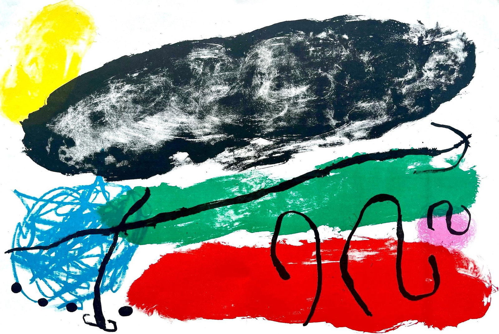 Joan Miro, Composition (Mourlot 265; Cramer 62), Derriere le miroir, Limited Edition Lithograph: Lithograph on velin paper. Paper size: 15 x 22 inches. Excellent condition, with centerfold, as issued. Inscription: Unsigned and unnumbered, as issued. Notes: From Derriere le miroir, N deg 119. Publ