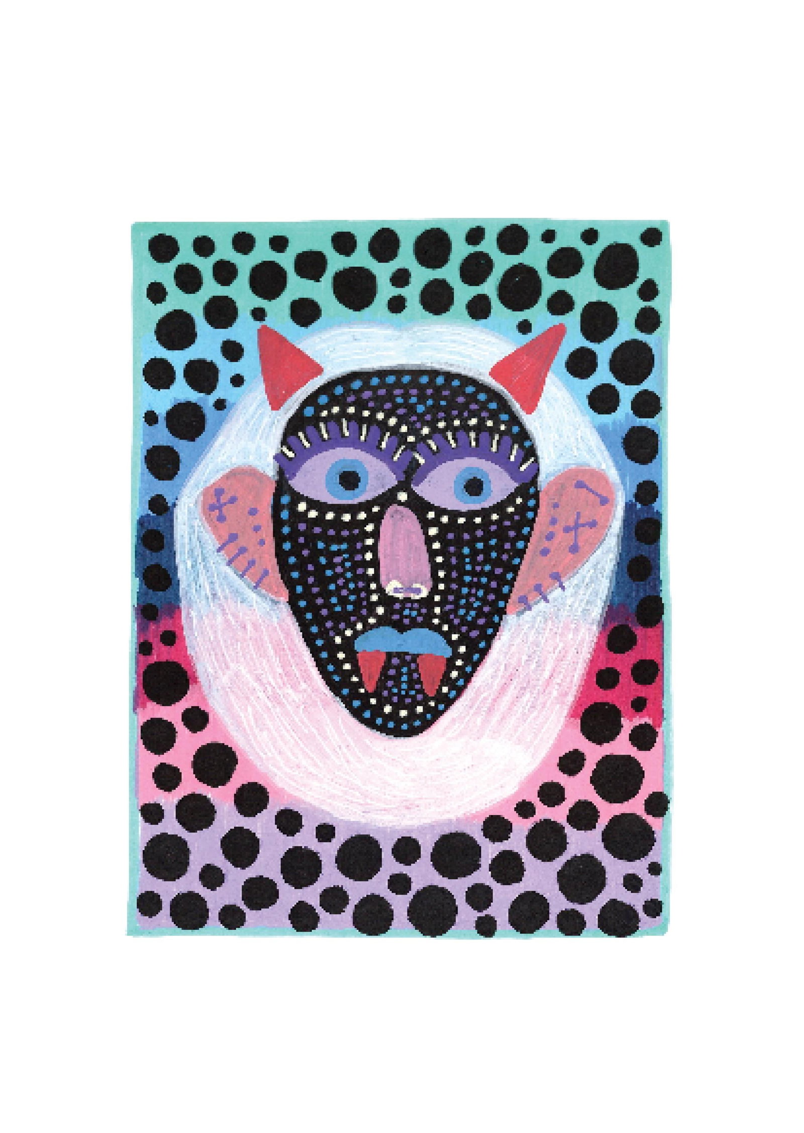 Evil Eye Mask 20: Inspired by the South Indian Drishti Bommai mask; a protective talisman traditionally represented as a doll; this artwork draws from a visual language widely seen across South India. These figures are