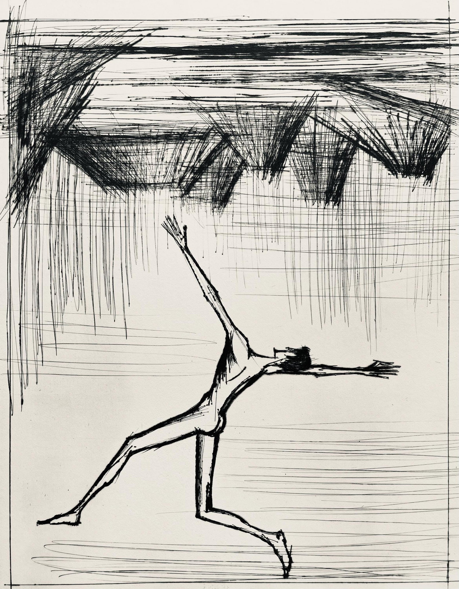 Bernard Buffet, Composition (Reinz 208-222), Voyages Fantastiques, Limited Edition Etching: Drypoint etching on papier de Rives B.F.K. pur fil paper. Paper size: 16.125 x 12.875 inches. Excellent condition. Unsigned and unnumbered, as issued. Notes: From the folio, Voyages fantastiques aux E