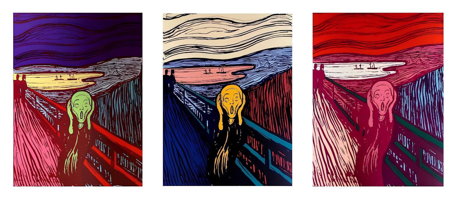 Andy Warhol, The Scream (after Edvard Munch), Green, Orange Pink, Suite of Three, Official Limited: Official edition, Andy Warhol, Sunday B. Morning, suite of three silkscreens on museum boards. Paper Size: 36.6 x 25.6 inches, each. Excellent condition. Inscription: Numbered in pencil, "published