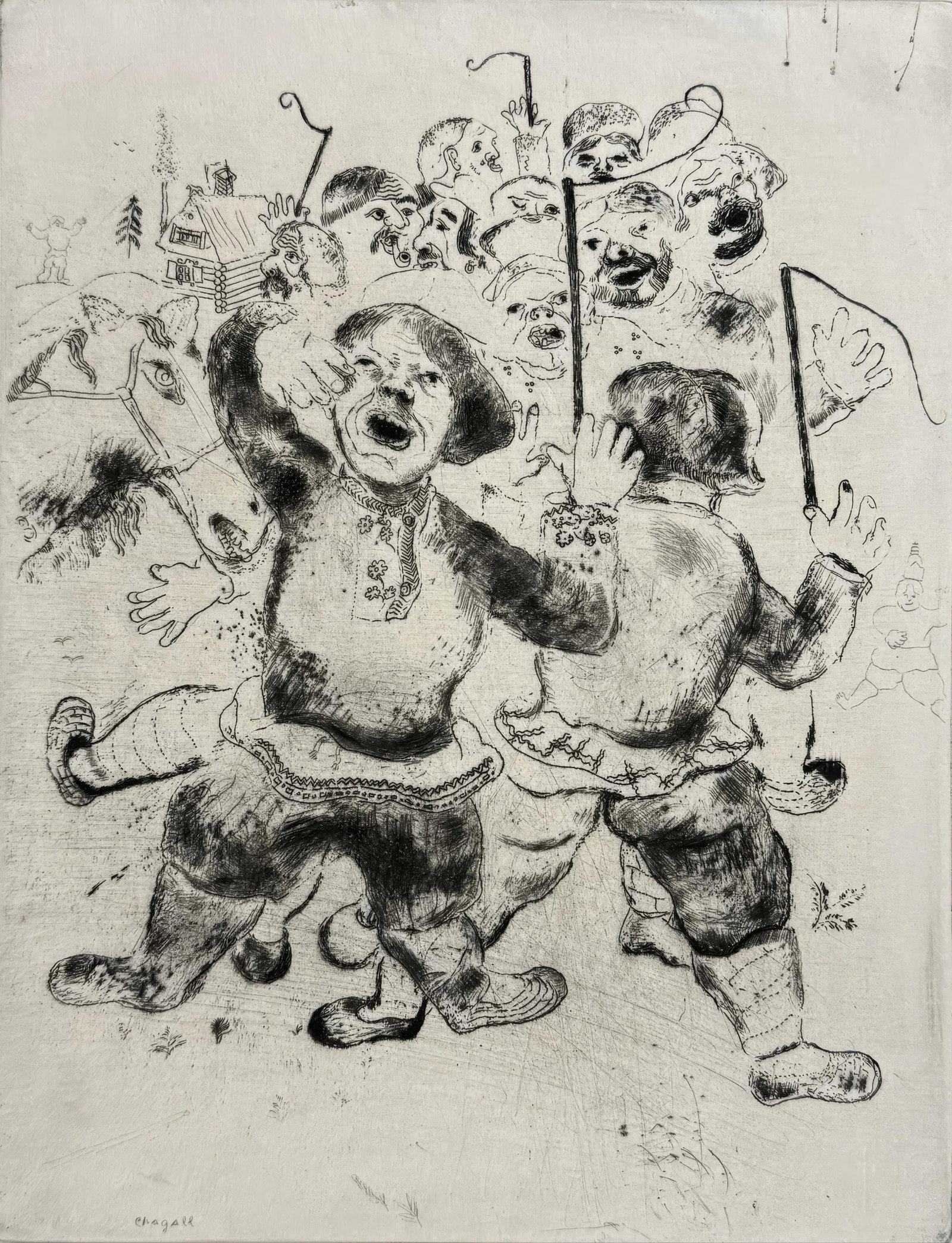 Marc Chagall, Gathering of Peasants, from Dead Souls, Limited Edition Etching, 1923-1927 (1 of 4)