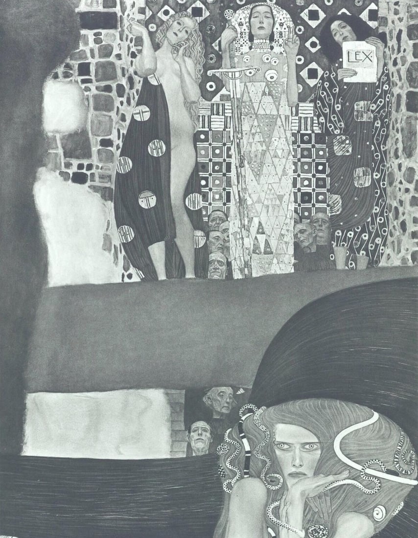 Gustav Klimt, Die Jurisprudenz, from Eine Nachlese, Limited Edition Heliogravure and Collotype, 1931: Heliogravure and collotype on velin paper. Paper size: 18.86 x 17.91 inches, overall; 11.73 x 9.02 inches, image size. Inscription: Signed in the plate, and unnumbered, as issued. Condition: Very good