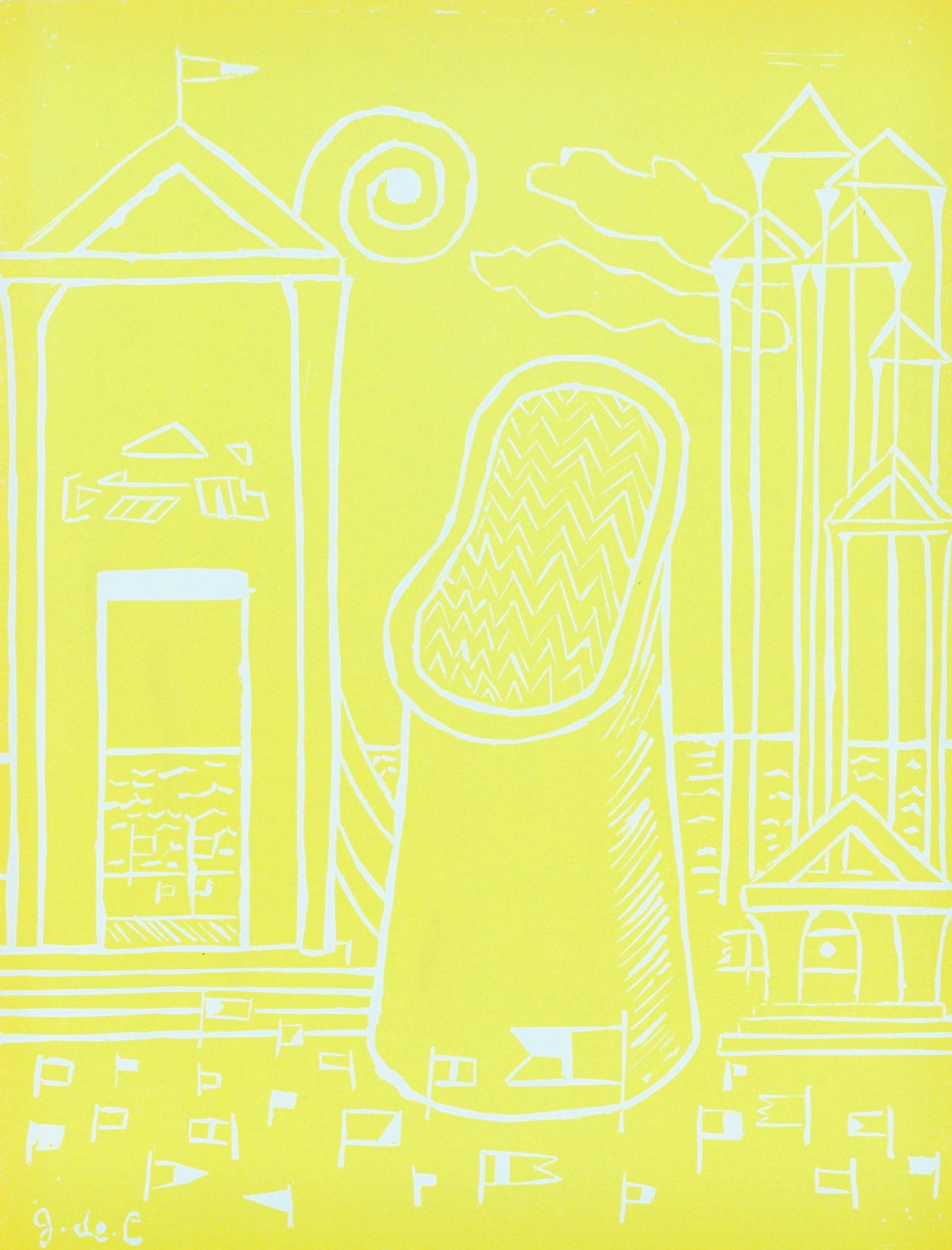 Giorgio De Chirico, Cabina Misteriosa, Societe internationale d'art XXe siecle, Limited Edition: Linocut on velin paper. Paper Size: 12.4 x 9.65 inches. Inscription: Signed in the plate and unnumbered, as issued. Notes: From the album, XXe siecle, Chroniques du jour, 13 rue Valette (5e), Directeu