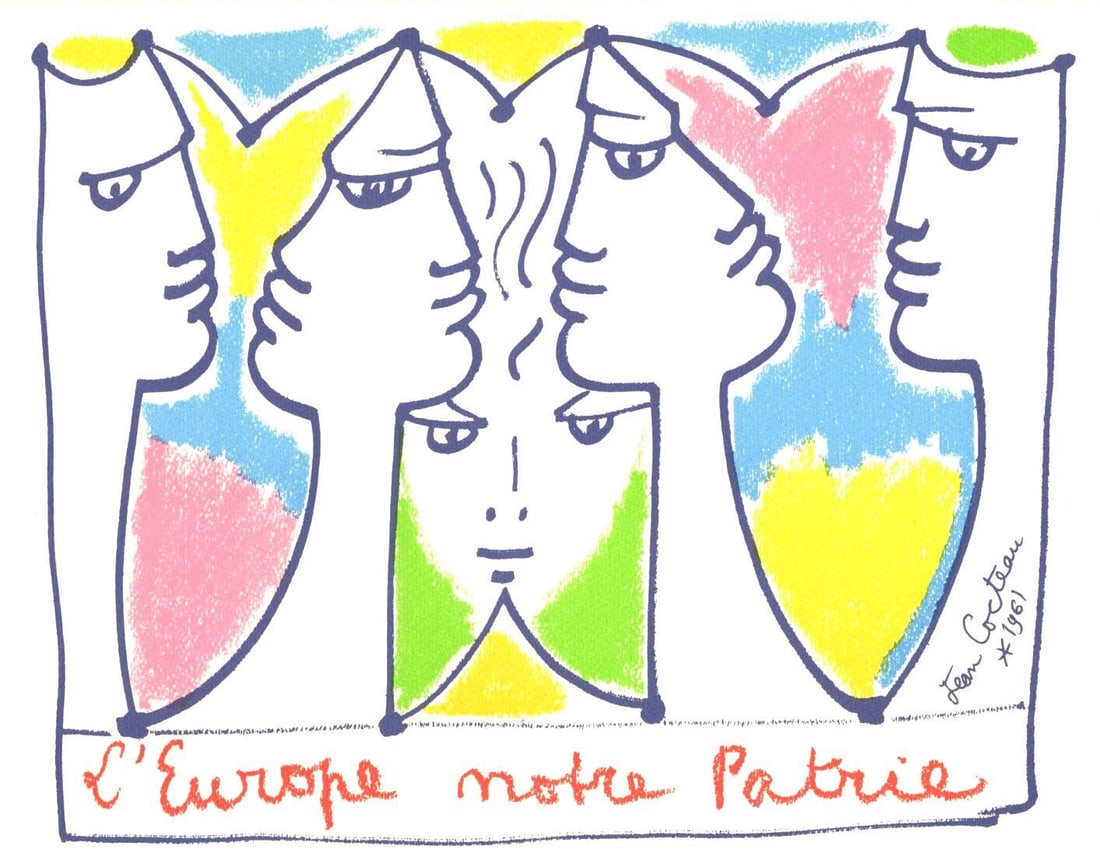 Jean Cocteau, Composition, Nous croyons en l'Europe, Limited Edition Silkscreen: Silkscreen on velin papier Ingres de chez Arjomari-Prioux paper. Paper size: 12.99 x 17.32 inches. Excellent condition. Inscription: signed in the plate and unnumbered, as issued. Notes: from the foli