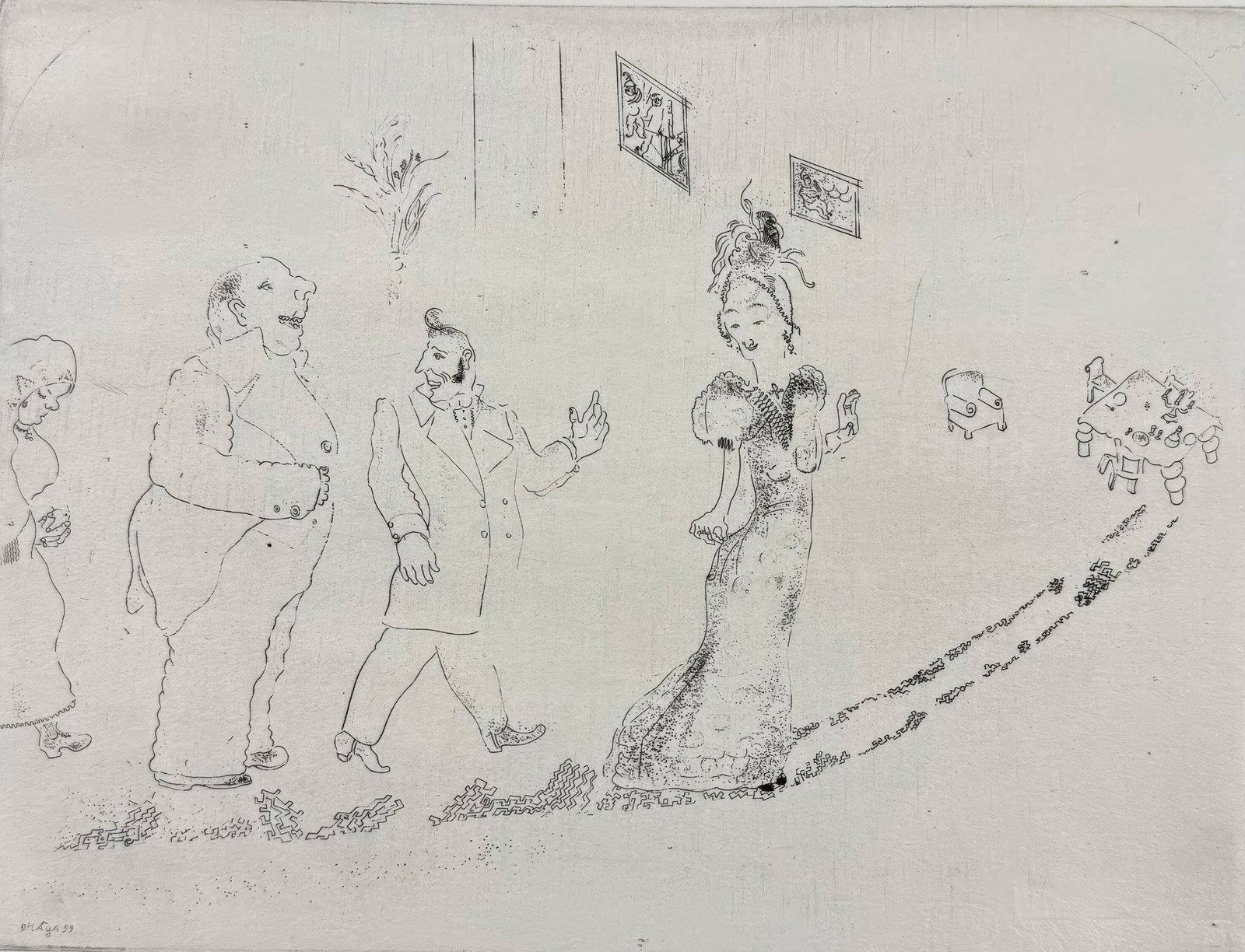 Marc Chagall, Dinner Is Served, from Dead Souls, Limited Edition Etching, 1923-1927: This exquisite etching by Marc Chagall (1887-1985), titled On passe a table (Dinner Is Served), originates from the celebrated folio Nicolas Gogol, Les Ames mortes, Eaux-fortes originales de Marc Chag