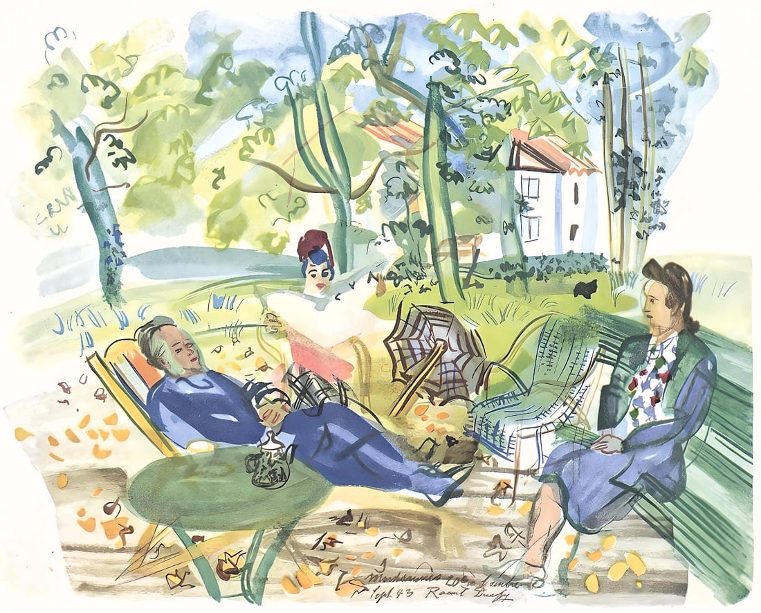 Raoul Dufy, Dans le jardin de Montsaunes, Vacances forcees: Lithograph on papier bouffant des Papeteries de Casteljoux paper. Paper Size: 12 x 9.25 inches. Excellent condition. Unsigned and unnumbered, as issued. Notes: From the folio, Vacances forcees 1970. P