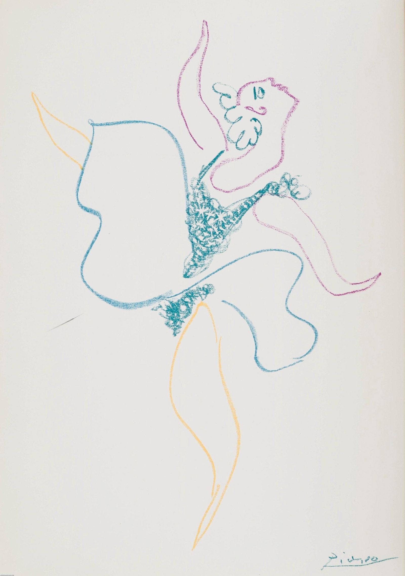 Pablo Picasso, Composition (Cramer 68; Reuße 656; Mourlot 259), Le Ballet, Limited Edition: Lithograph on velin paper. Paper size: 12.48 x 8.82 inches. Excellent condition. Unsigned and unnumbered, as issued. Notes: From the volume, Le Ballet, 1954. Published by Librairie Hachette, Paris, an