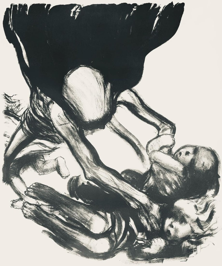 Kathe Kollwitz, Death Grabbing at a Group of Children (Tod greift in eine Kinderschar), Limited: Lithograph on velin paper. Paper size: 19 x 16 inches. Excellent condition, with centerfold, as issued. Unsigned and unnumbered, as issued. Notes: From the folio, Kathe Kollwitz, Ten Lithographs,