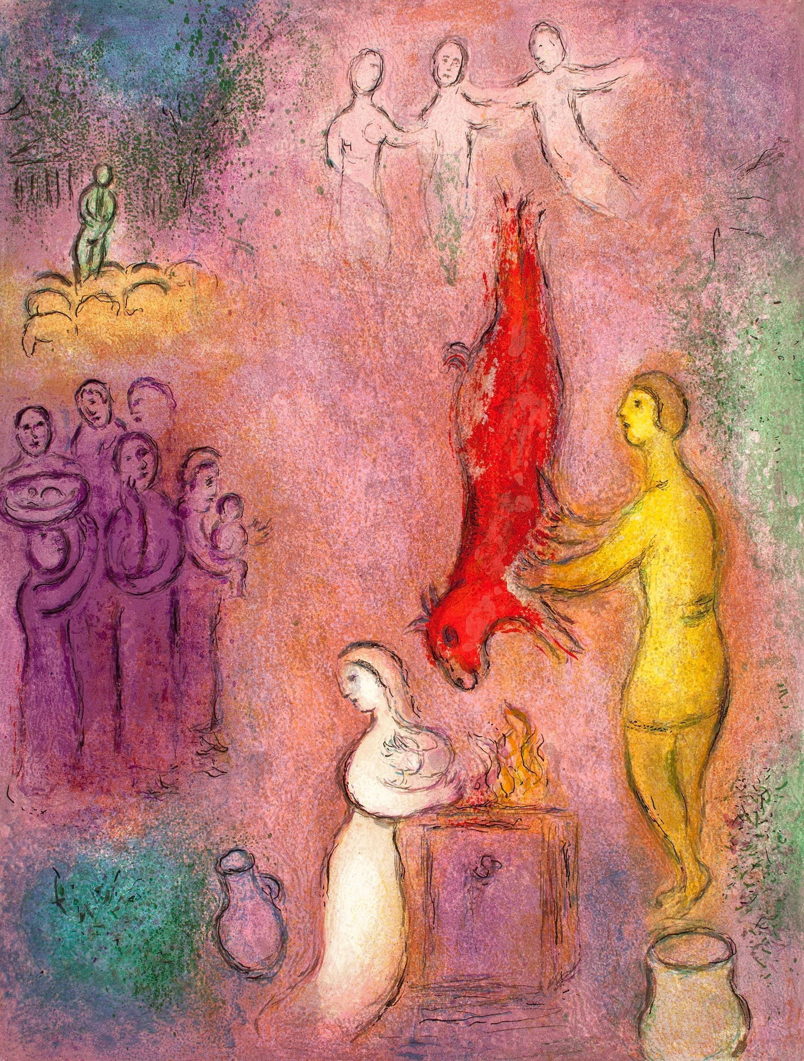 Marc Chagall, Sacrifice aux Nymphes, Daphnis et Chloe, Limited Edition Heliogravure: Heliogravure on velin paper. Paper Size: 12.5 x 9.5 inches. Inscription: Unsigned and unnumbered, as issued. Condition: Very good/excellent, consistent with age. Notes: From the album, Daphnis and