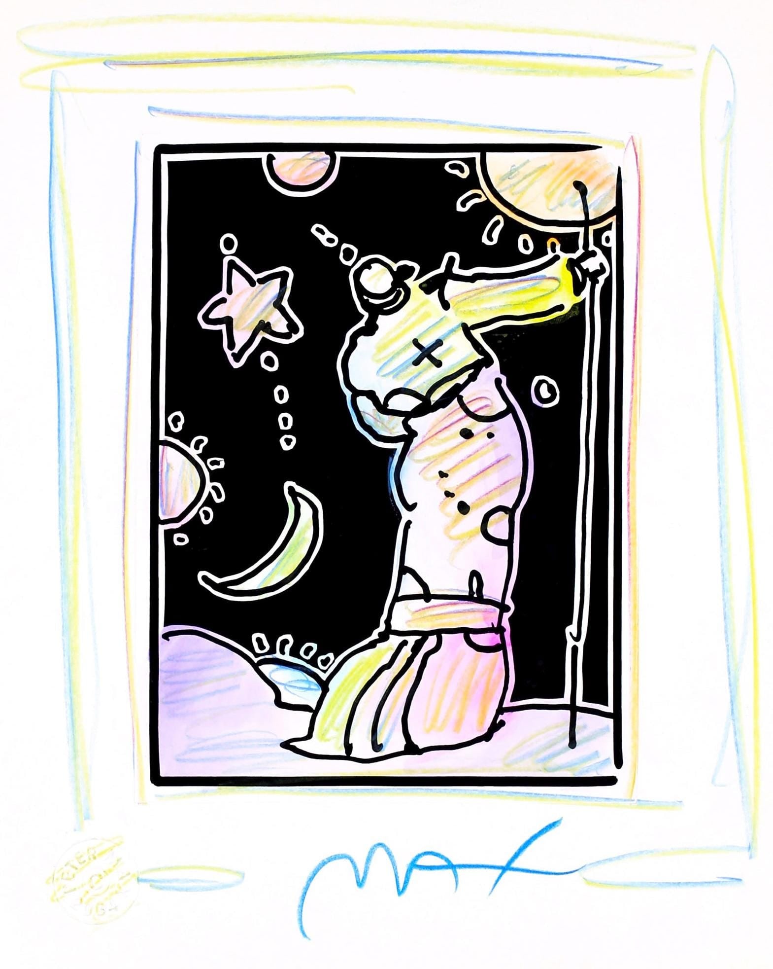 Peter Max, Sage with Cane III, Black and White Series, Hand Signed, Official Edition Mixed Media: Lithograph in colors, watercolor, colored pencil on Lustro Saxony paper. Paper size: 8.75 x 7 inches. Inscription: Hand signed by Peter Max and unnumbered, as issued. Condition: Excellent. Notes: Publ