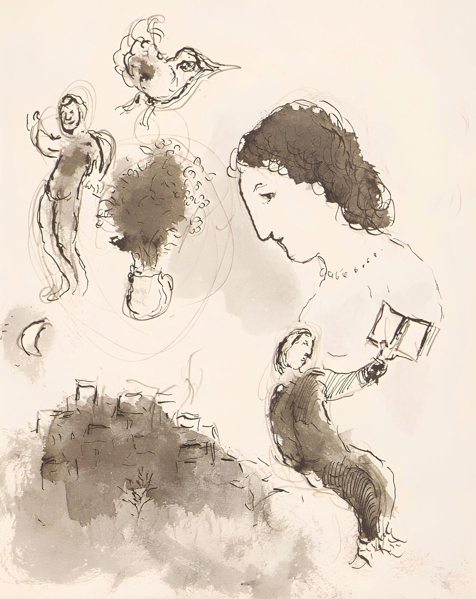 Marc Chagall, Composition, Lettres d'hivernage, Limited Edition Lithograph: Lithograph on velin Mazarine paper. Paper Size: 11 x 9 inches. Excellent condition. Inscription: Unsigned and unnumbered, as issued. Notes: From the album, Lettres d'hivernage, 1973. Published by Edit