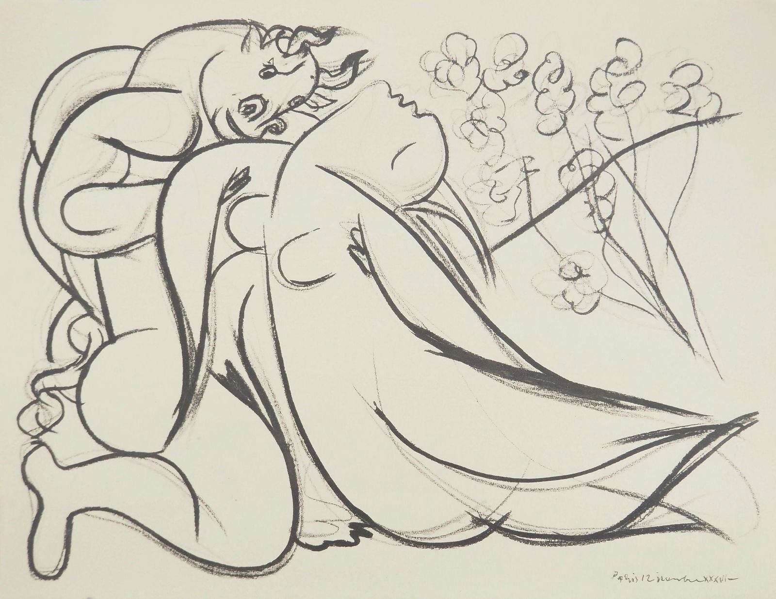 Pablo Picasso, Composition (Orozco 238), Picasso, La flute double, Limited Edition Lithograph: Lithograph and stencil on papier a la cuve du moulin Richard de Bas paper, specialement filigrane pour cette edition. Paper size: 16.5 x 22.5 inches. Excellent condition. Unsigned and unnumbered, as i