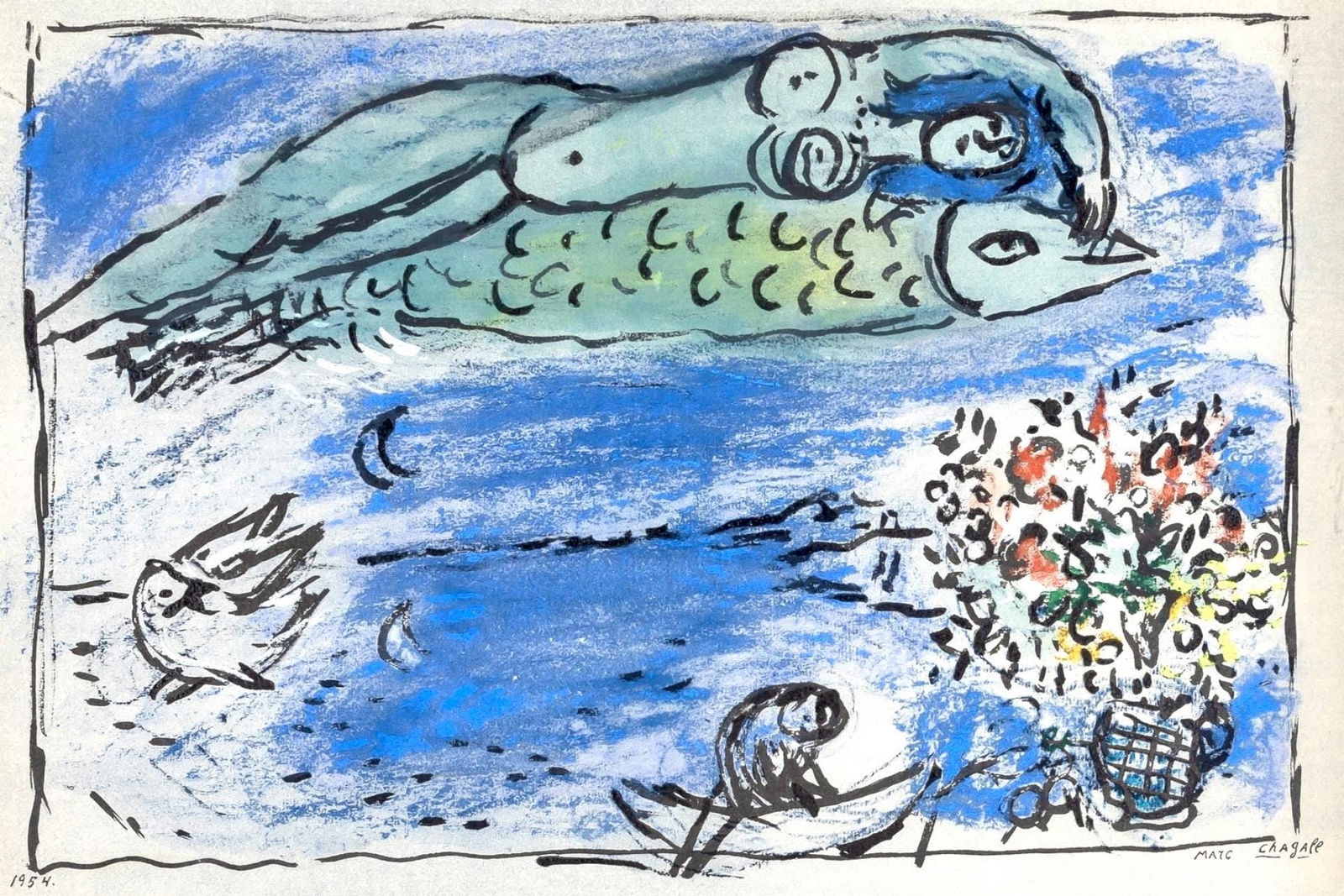Marc Chagall, Composition, Couleur amour, Limited Edition Lithograph: Lithograph and stencil on velin papier a la cuve du Moulin Richard de Bas specialement filigrane pour cette edition paper. Paper size: 15.75 x 19.69 inches. Excellent condition. Signed in the plate an