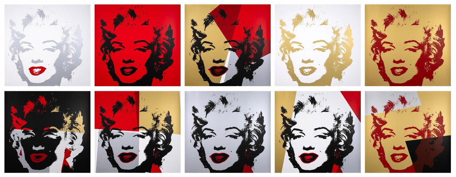 Andy Warhol, Golden Marilyn Monroe, Suite of Ten, Official Edition, Sunday B. Morning, Silkscreens: Official edition, Andy Warhol, Sunday B. Morning, suite of ten silkscreens on museum boards. Paper Size: 35 x 23 inches, each. Excellent condition. Inscription: "published by Sunday B. Morning", and "