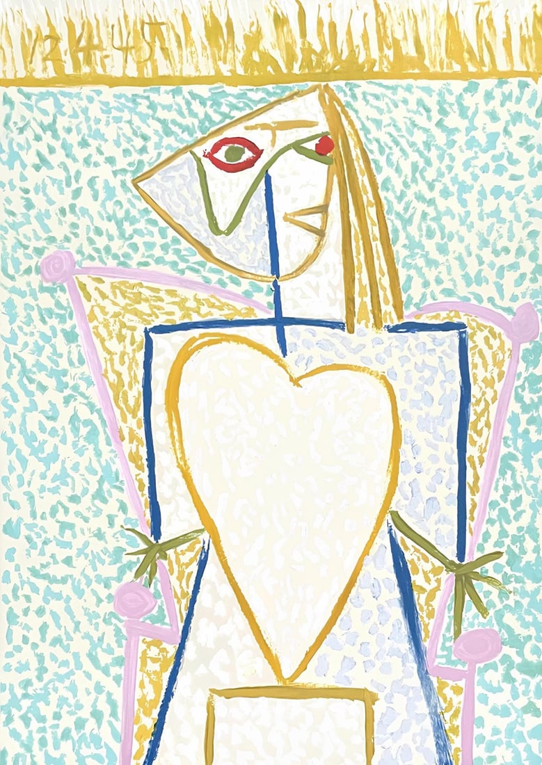 Pablo Picasso, Femme au Buste en Coeur, Marina Picasso Collection, Official Limited Edition: Lithograph on velin d'Arches paper. Inscription: Facsimile signed and numbered in pencil, as issued. Paper Size: 29.5 x 21.25 inches. Excellent condition. Notes: From the Marina Picasso Collection. Pu