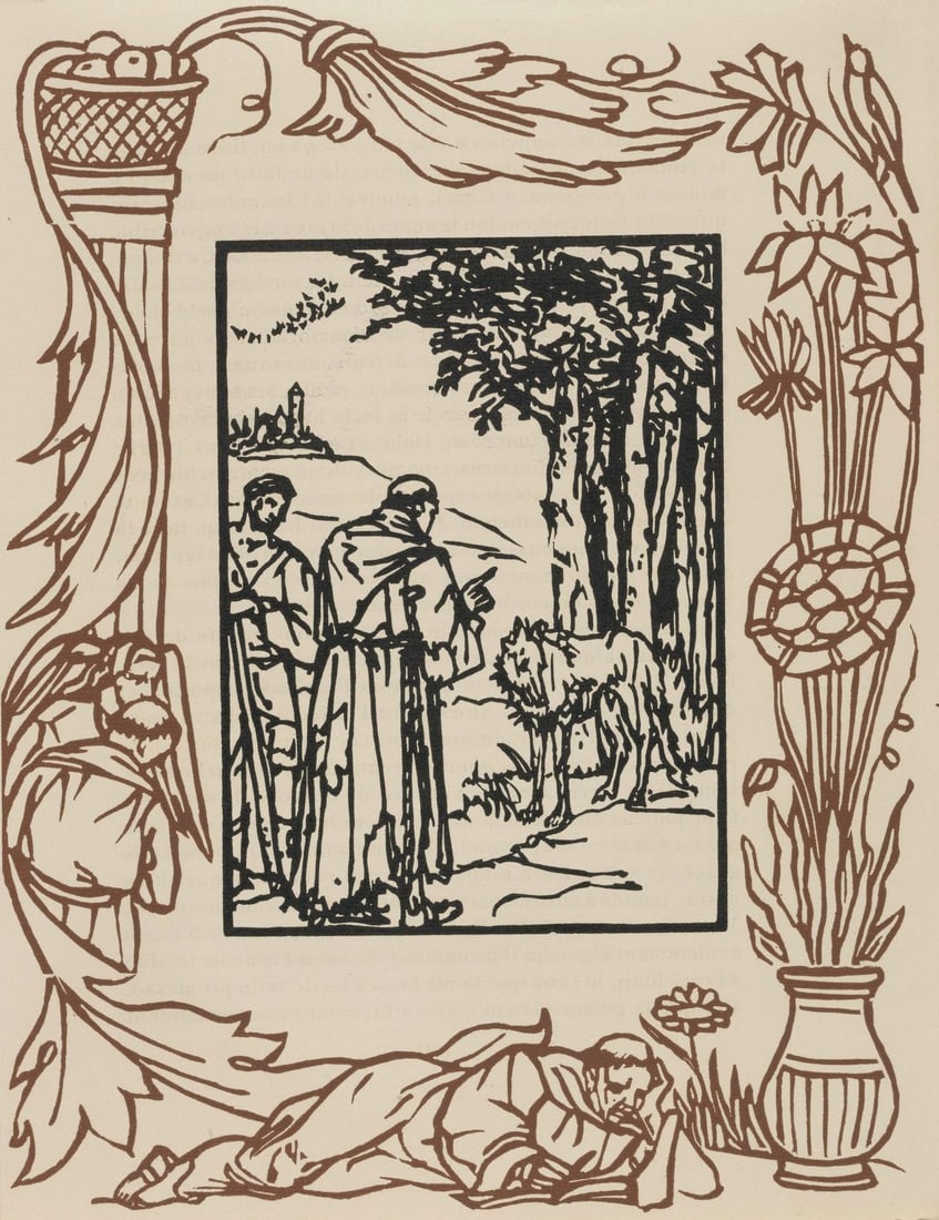 Emile Bernard, Composition (Morane, No. 100), Les Petites Fleurs de St. Francoise, Limited Edition: Wood engraving on verge d'Arches paper. Paper size: 12.8125 x 9.8125 inches. Excellent condition. Unsigned and unnumbered, as issued. Notes: From the volume, Les Petites Fleurs de St. Francois, 1928.