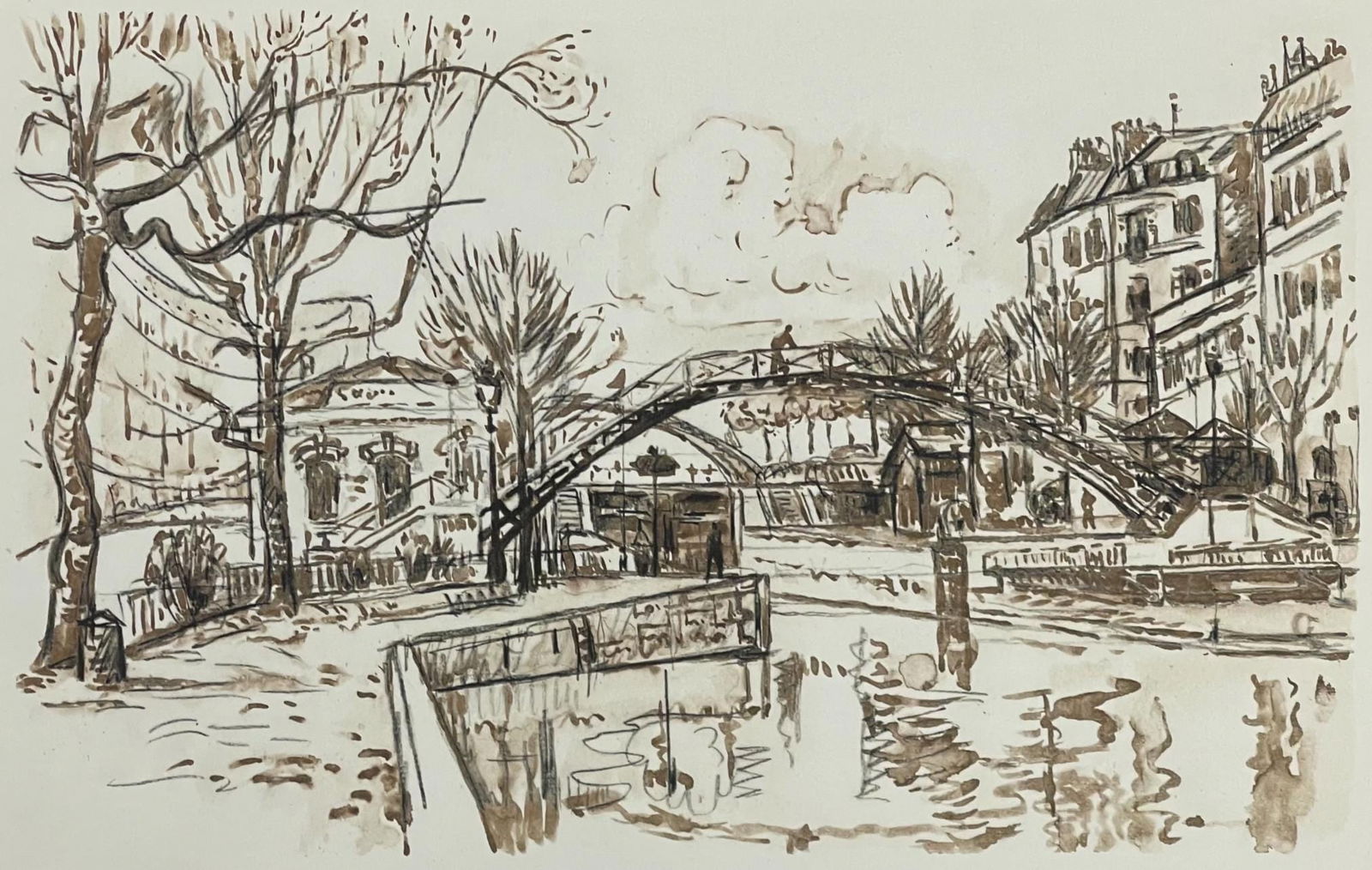 Paul Signac, Canal St-Martin, Signac Dessins, Limited Edition Lithograph: Lithograph on velin de Lana paper. Paper size: 9.75 x 12.5 inches. Excellent condition. Inscription: Unsigned and unnumbered, as issued. Notes: From the album, Signac Dessins, 1950. Published by