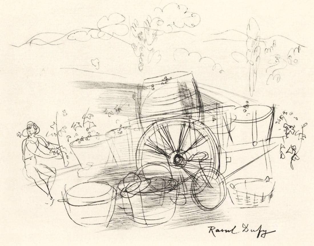 Raoul Dufy, Vendanges, Vins, Fleurs et Flammes, Limited Edition Lithograph: Lithograph and Stencil on grand velin d'Arches special paper. Unsigned and unnumbered. Paper Size: 12.75 x 10 inches. Excellent condition. Notes: From the volume, Vins, Fleurs et Flammes, 1956. Publis