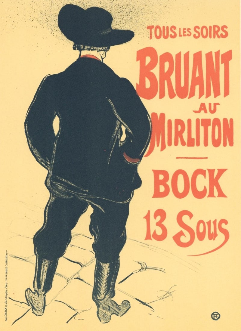 Henri de Toulouse-Lautrec, Bruant au Mirliton, Les Affiches De Toulouse-Lautrec, Limited Edition: Lithograph on grand velin Filigrane a sa marque paper. Paper size: 12.5 x 9.75 inches; image size: 10.63 x 7.87 inches. Excellent condition. Inscription: Signed in the plate and unnumbered, as issued.