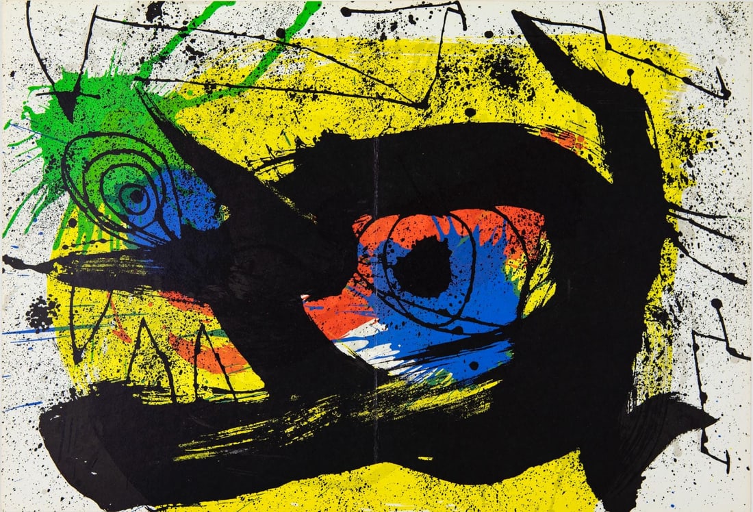 Joan Miro, Composition (Cramer 239; Mourlot 890), Derriere le miroir, Limited Edition Lithograph: Lithograph on velin paper. Paper Size: 15 x 22 inches. Excellent condition, with centerfold, as issued. Inscription: Unsigned and unnumbered, as issued. Notes: From Derriere le miroir, N deg 203, 1973