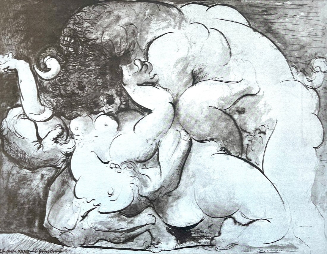 Pablo Picasso, Minotaur (Orozco 95), Picasso: Fifteen Drawings, Limited Edition Lithograph: Lithograph and stencil on velin paper. Unsigned and unnumbered, as issued. Paper Size: 18.75 x 12.625 inches. Excellent condition. Notes: From the folio, Picasso: Fifteen Drawings, 1946. Published by