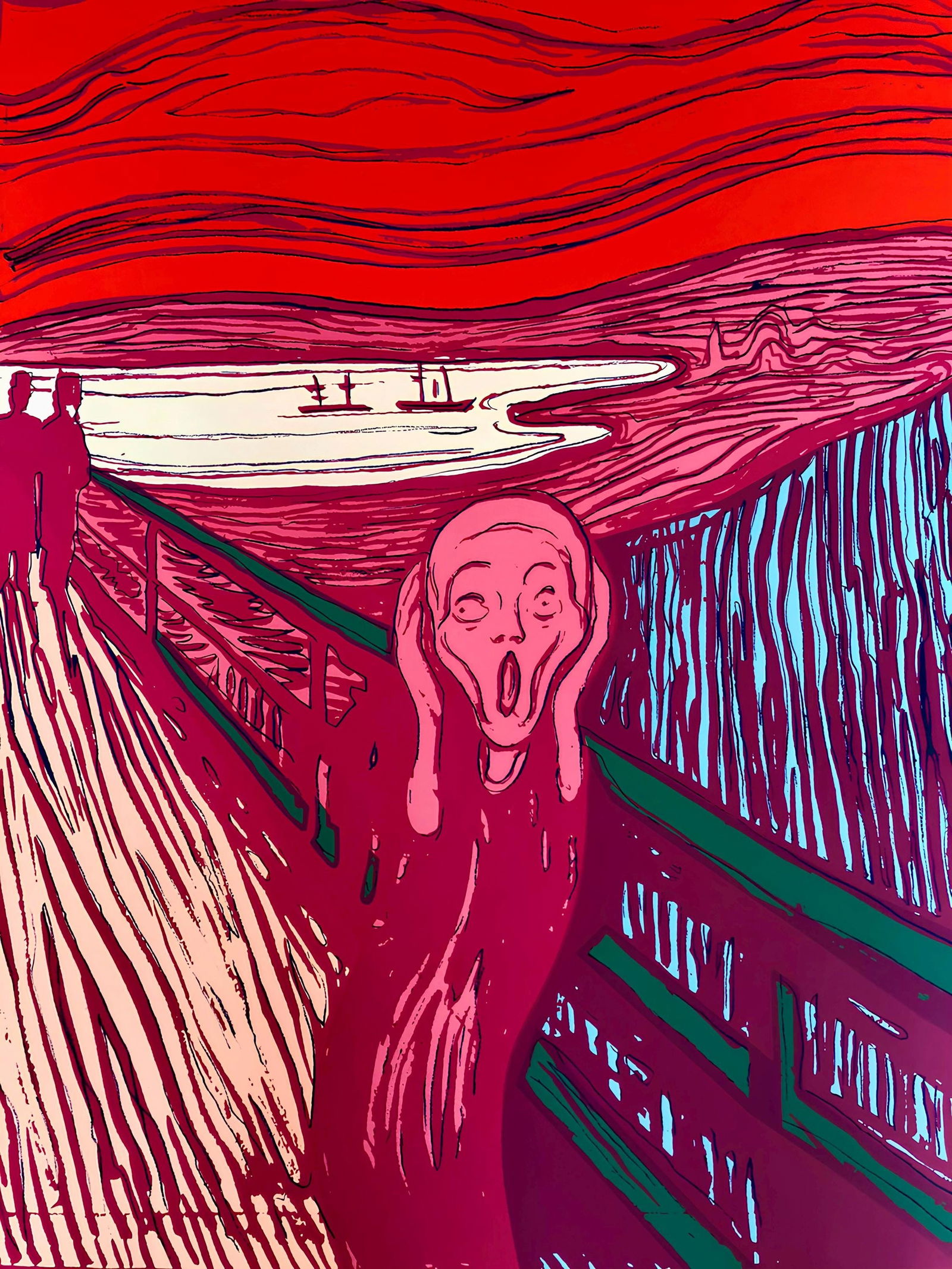 Andy Warhol, The Scream (after Edvard Munch), Pink, Official Limited Edition, Sunday B. Morning,: Official edition, Andy Warhol, Sunday B. Morning, silkscreen on museum board. Paper Size: 36.6 x 25.6 inches. Excellent condition. Inscription: Numbered in pencil, "published by Sunday B. Morning", an