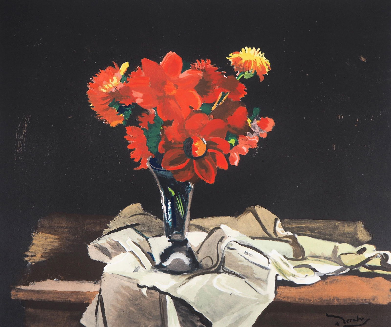 Andre Derain, Red Bouquet, Andre Derain, 1880-1954, Limited Edition Lithograph and Pochoir, 1961: Lithograph and pochoir on velin d'Arches paper. Paper Size: 20 x 23.75 inches. Inscription: Signed in the plate and unnumbered, as issued. Condition: Very good/excellent, consistent with age. Notes: F