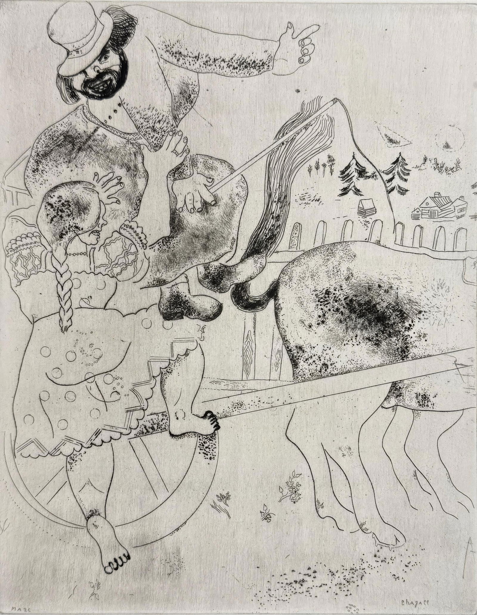 Marc Chagall, The Road Sign, from Dead Souls, Limited Edition Etching, 1923-1927: This exquisite etching by Marc Chagall (1887-1985), titled L'indication de la route (The Road Sign), originates from the celebrated folio Nicolas Gogol, Les Ames mortes, Eaux-fortes originales de Marc