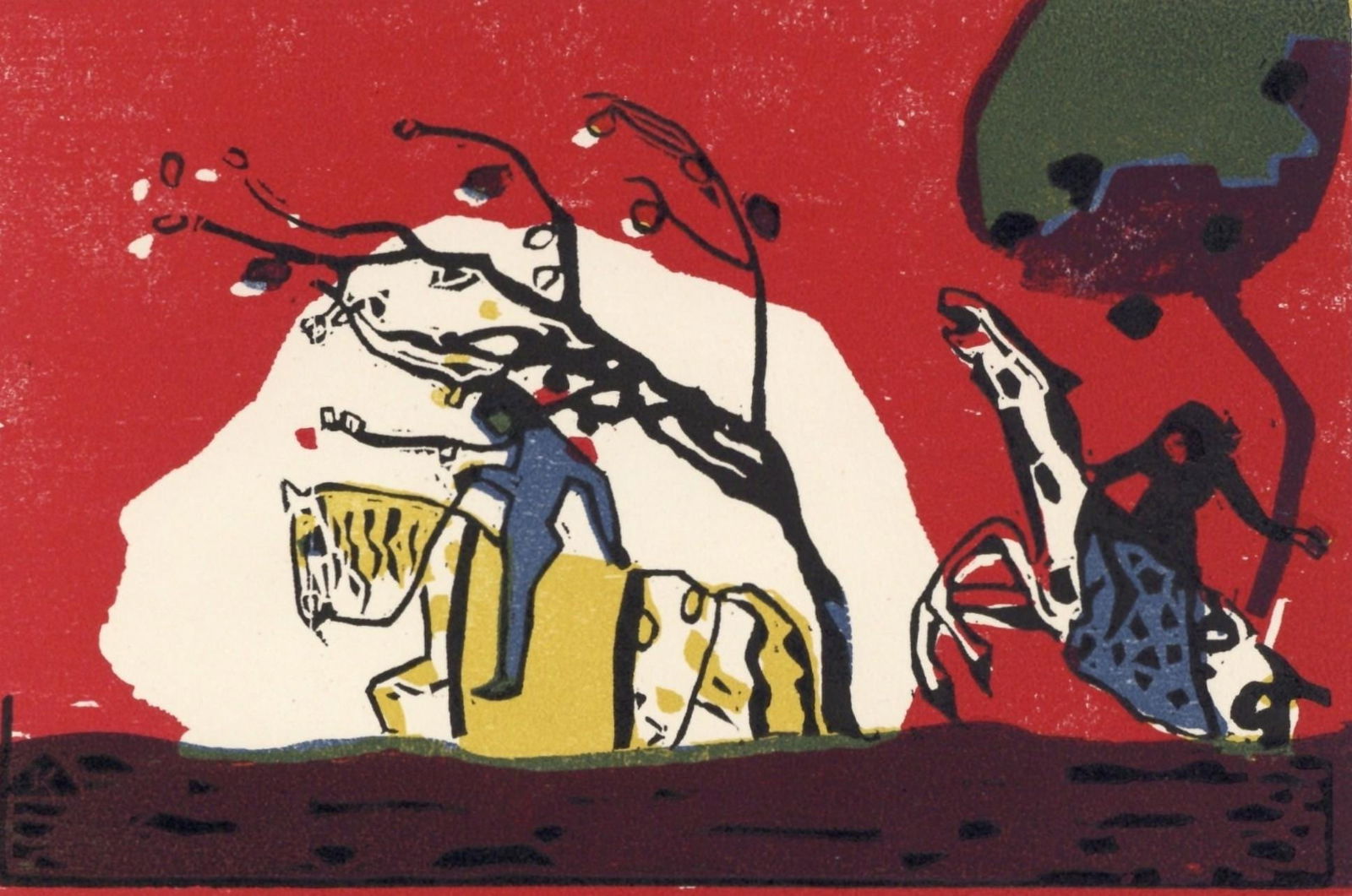 Wassily Kandinsky, Zwei Reiter vor Rot (Roethel 95), XXe siecle, Limited Edition Woodcut: Woodcut engraving on velin paper. Unsigned and unnumbered. Paper Size: 12.5 x 9.125 inches. Excellent condition. Notes: From the volume, XXe Siecle, n deg3, July-August-September, 1938. Published and