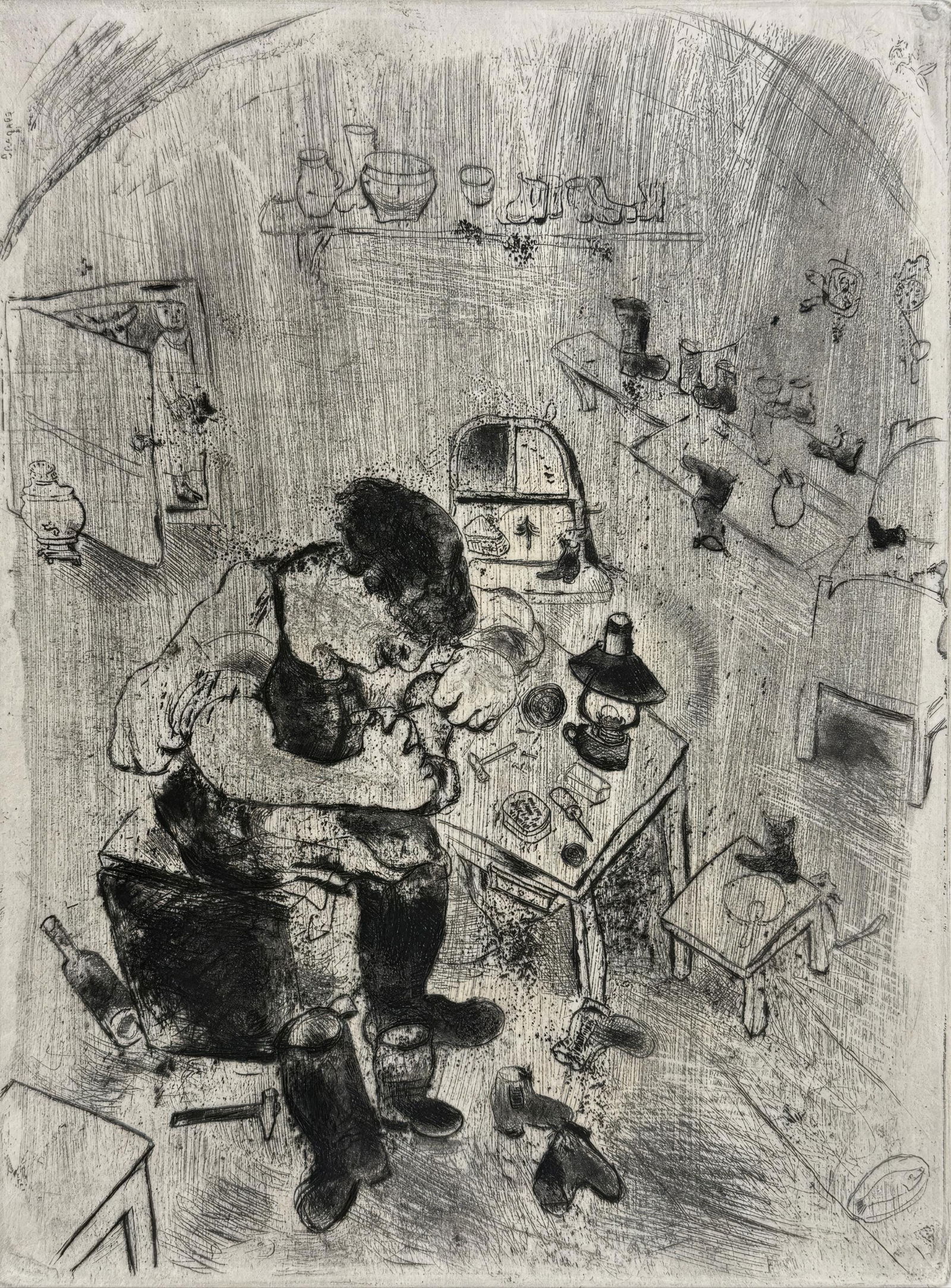 Marc Chagall, Maxime Teliatnikov, Shoemaker, from Dead Souls, Limited Edition Etching, 1923-1927: This exquisite etching by Marc Chagall (1887-1985), titled Maxime Teliatnikov, savetier (Maxime Teliatnikov, Shoemaker), originates from the celebrated folio Nicolas Gogol, Les Ames mortes,