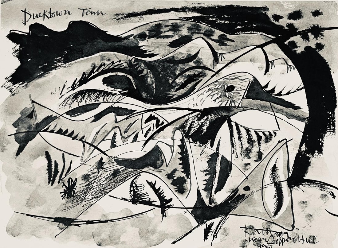 Abraham Rattner, Ducktown, Tennessee, Limited Edition Lithograph: Lithograph on velin paper. Paper Size: 13.5 x 17.5 inches. Excellent condition. Inscription: Unsigned and unnumbered, as issued. Notes: From the folio, Abraham Rattner: Twenty-four plates 1956. Publis