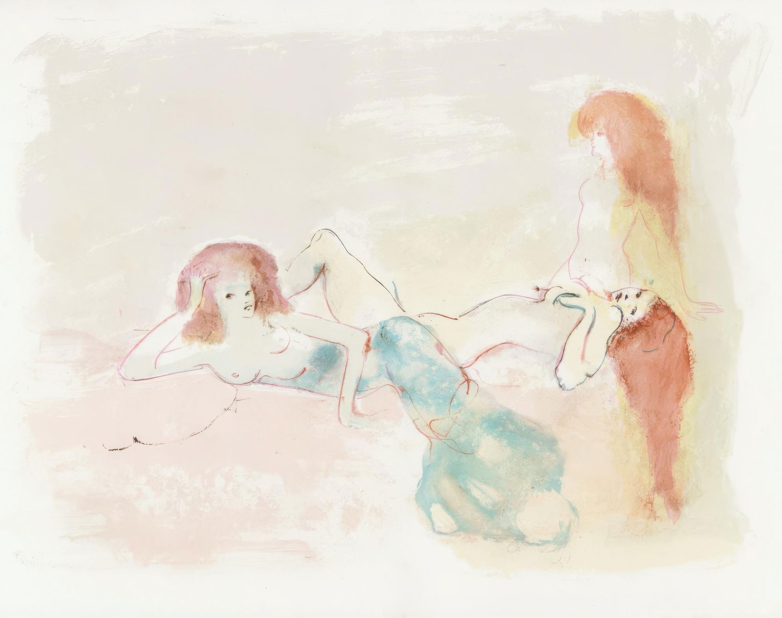 Leonor Fini, Composition, Parallelement, Limited Edition Lithograph, 1969: Lithograph on grand velin d'Arches paper. Paper size: 15.94 x 23.22 inches. Inscription: Unsigned and unnumbered, as issued. Condition: Very good/excellent, consistent with age, with centerfold, as is