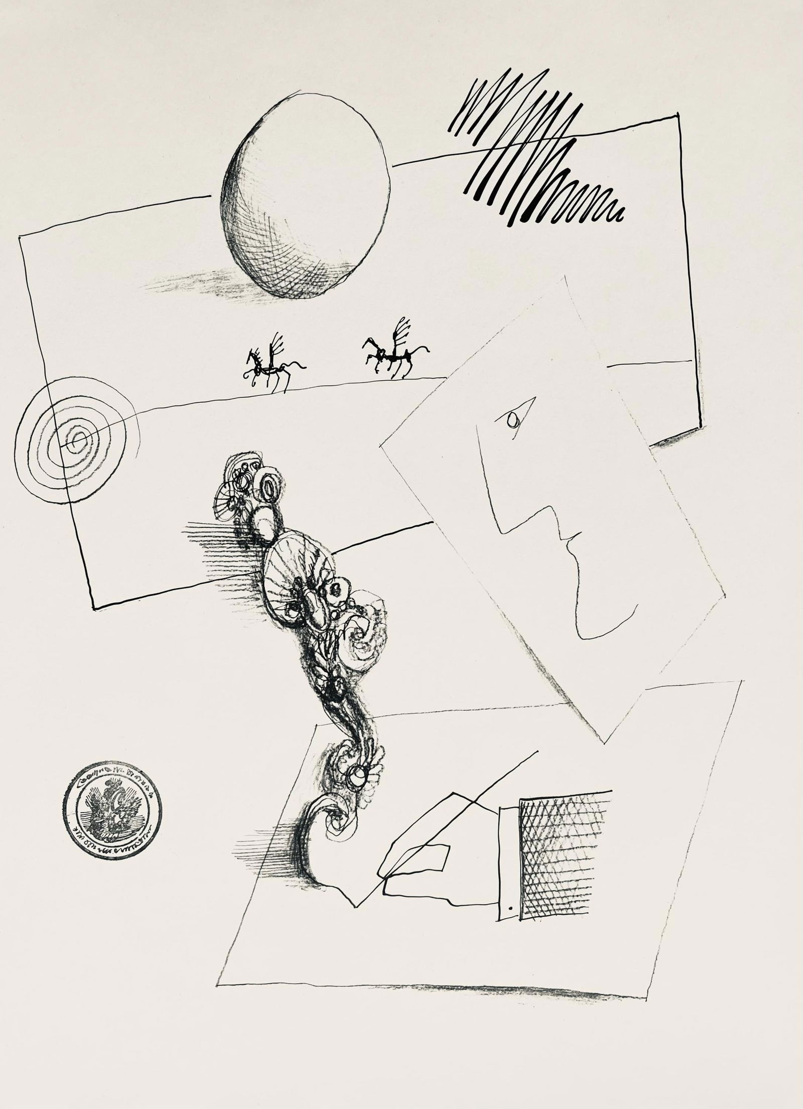 Saul Steinberg, Composition, Derriere le miroir, Limited Edition Lithograph: Lithograph on velin paper. Paper Size: 15 x 11 inches. Excellent condition. Inscription: Unsigned and unnumbered, as issued. Notes: From Derriere le miroir, N deg 157, 1966. Published by Aime Maeght,