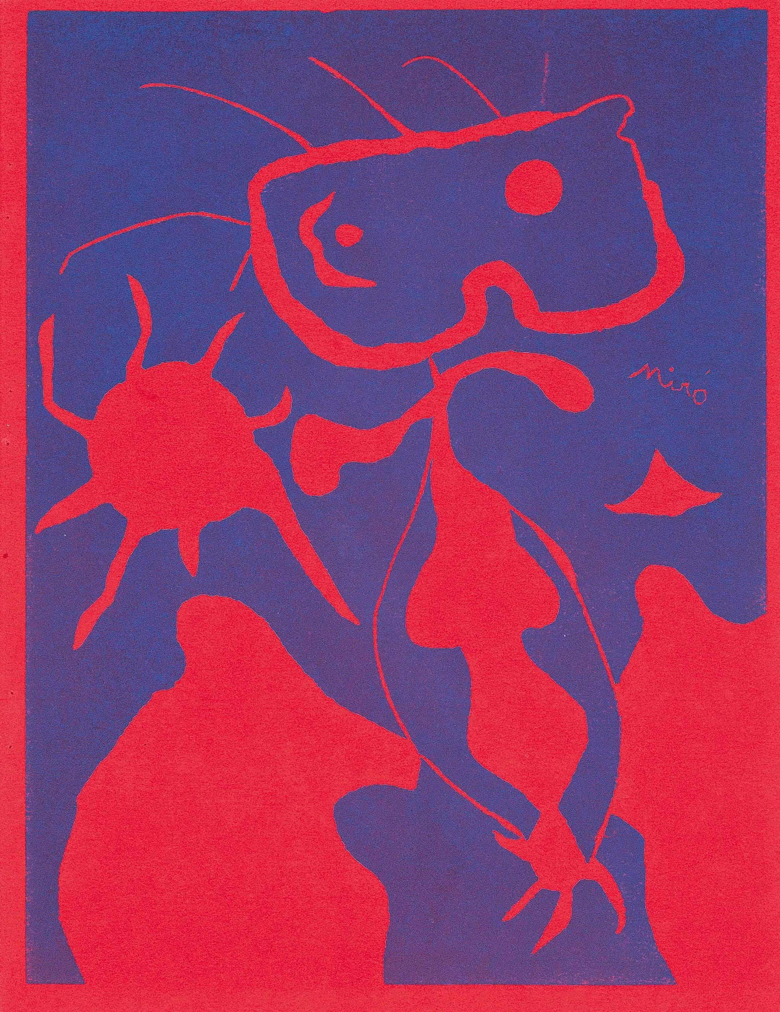 Joan Miro, Femme (Benhoura 397; Cramer 6; Dupin 40; Mourlot 196), Societe internationale d'art XXe: Linocut on velin paper. Paper Size: 12.4 x 9.65 inches. Inscription: Signed in the plate and unnumbered, as issued. Catalogue raisonne references: Musee d'art moderne de la ville de Paris, et al. Miro