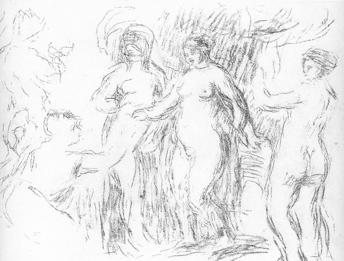 Pierre-Auguste Renoir, Les Baigneuses, Les Lithographies de Renoir, Limited Edition Lithograph: Lithograph on grand velin Renage filigrane a la marque de l'editeur paper. Inscription: Unsigned and unnumbered, as issued. Paper Size: 12.5 x 9.5 inches; image size: 7.08 x 9.05 inches. Condition: Ve