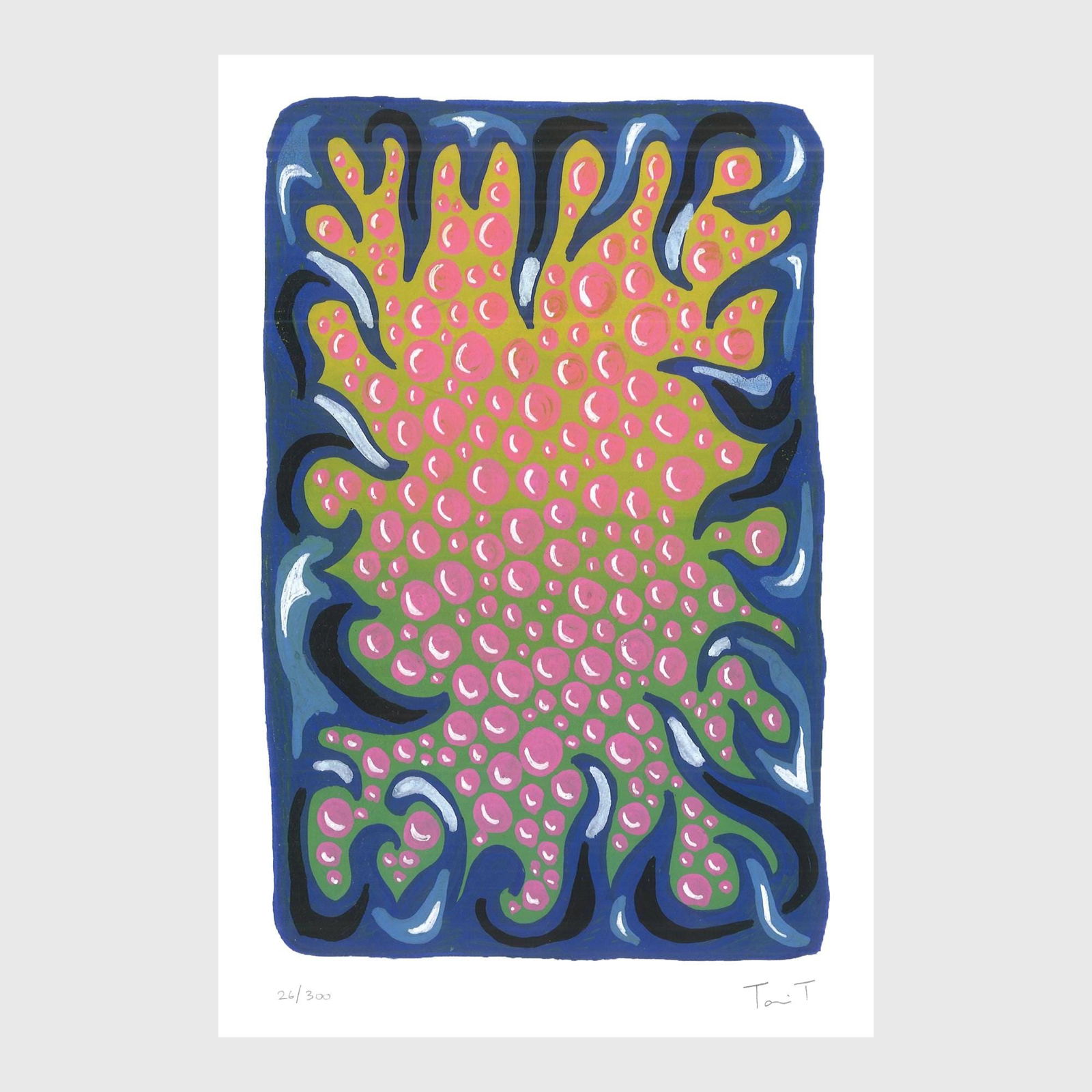 Blue Drops with Pink Dots: Artist: Tanvi Thakur (1996) Title: Blue Drops with Pink Dots, Drops With Dots Series Year: 2025 Medium: Archival Pigment Print on Paper Edition: 300 Size: 8 x 12 inches Inscription: Signed and