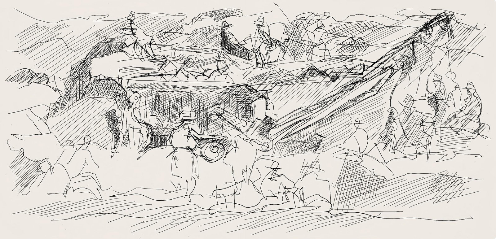 Jacques Villon, Composition (Ginestet/Pouillon 42-64), Hesiode, Les Travaux et les Jours, Limited: Etching on velin de Rives paper. Paper size: 15.75 x 24 inches. Excellent condition, with centerfold, as issued. Unsigned and unnumbered, as issued. Notes: From the folio, Hesiode, Les Travaux et les