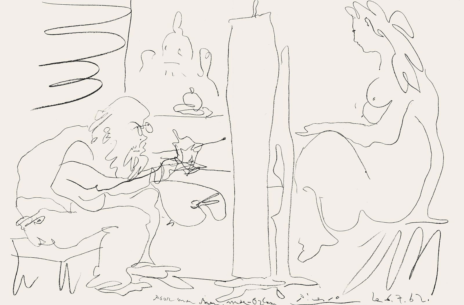 Pablo Picasso, Le Peintre et son Modele (Mourlot 355; Bloch 1036), Regards sur Paris, Limited: Lithograph on velin d'Arches paper. Paper size: 15.5 x 24 inches. Excellent condition, with centerfold, as issued. Inscription: unsigned and unnumbered, as issued. Notes: from the folio, Regards sur P