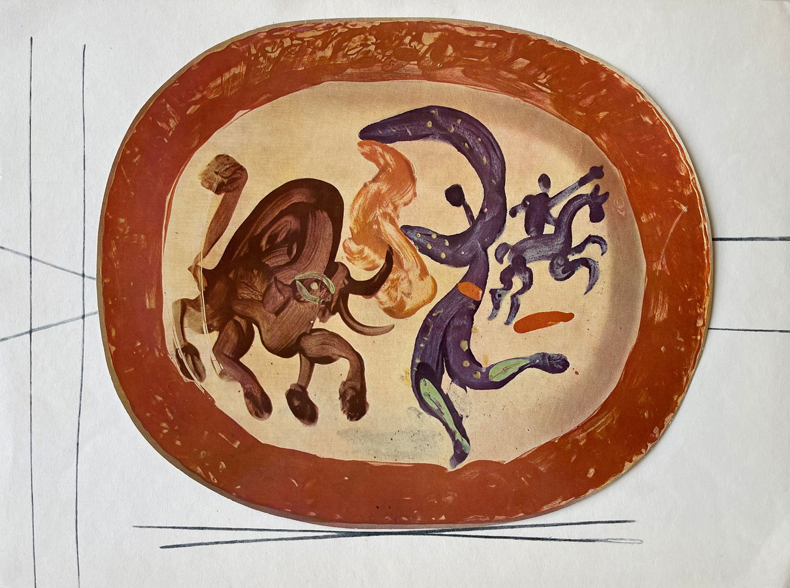 Pablo Picasso, etude pour la ceramique, Ceramiques de Picasso (Orozco 105), Limited Edition: Collotype and lithograph on velin gloss finish paper (to resemble the finish of ceramic), archivally hinged on velin paper. Unsigned and unnumbered, as issued. Paper Size: 11.25 x 15 inches.