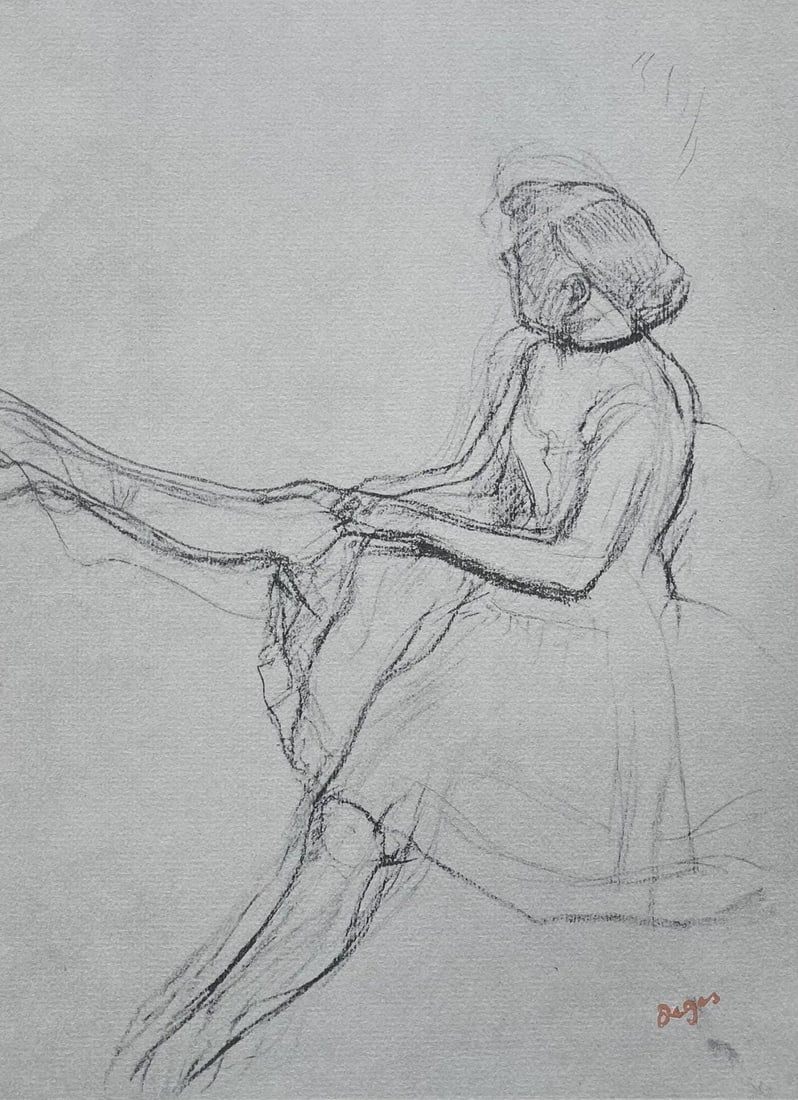Edgar Degas, Seated dancer, removing her slipper, Ten Ballet Sketches, Limited Edition Lithograph: Lithograph and stencil on velin paper. Inscription: Unsigned and unnumbered, as issued. Paper Size: 17 x 13 inches. Excellent condition. Notes: From the folio, Degas, A Portfolio Of 10 Reproductions,