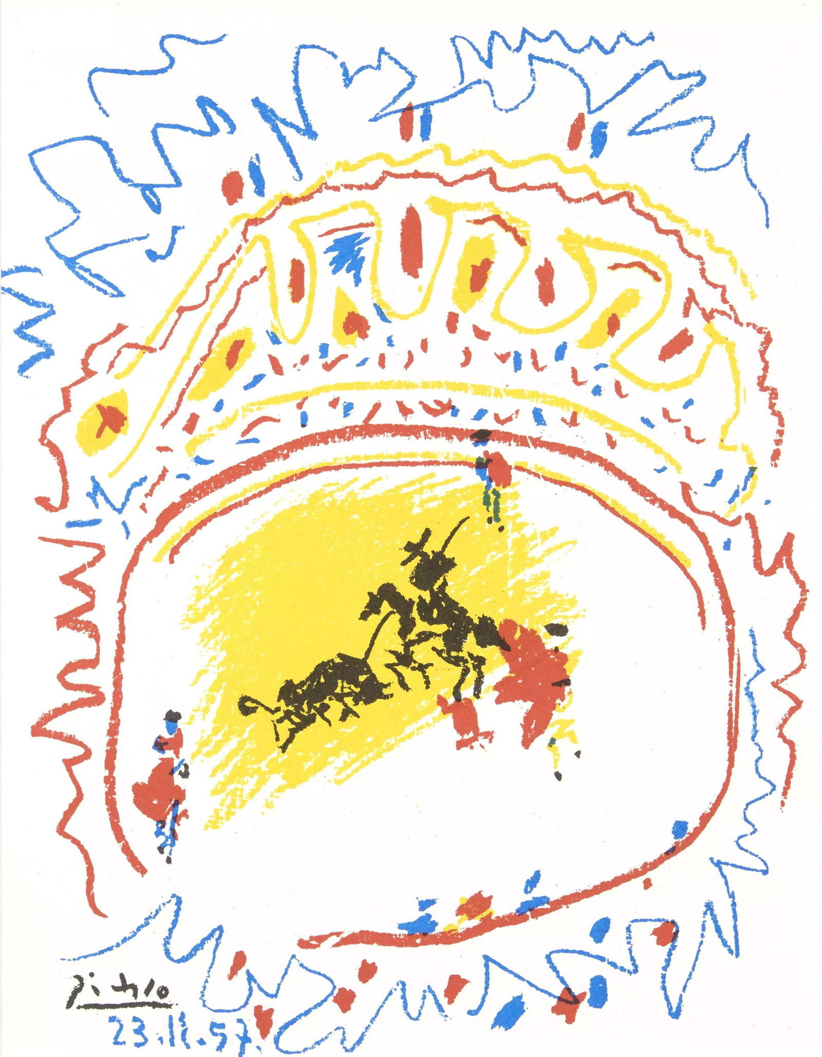 Pablo Picasso, Corrida (Cramer 92; Bloch 839; Mourlot 302), XXe siecle, Limited Edition Lithograph: Lithograph on velin paper. Paper Size: 12.5 x 9.75 inches. Excellent condition. Inscription: Unsigned and unnumbered, as issued. Notes: From the volume, XXe Siecle, Hommage a Picasso, 1971. Published