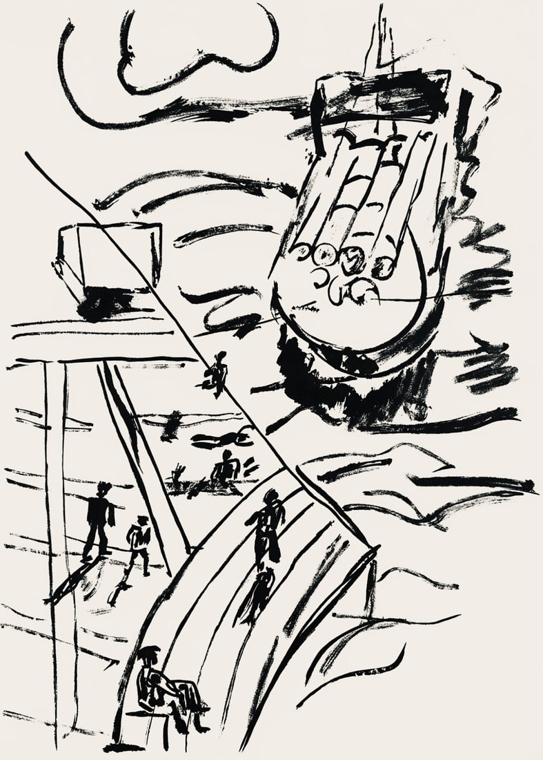 Fernand Leger, Composition, mes voyages: Lithograph on velin bouffant des Papeteries de Hauteville paper. Paper Size: 13.78 x 9.84 inches. Excellent condition. Unsigned and unnumbered, as issued. Notes: From the folio, Fernand Leger mes voya