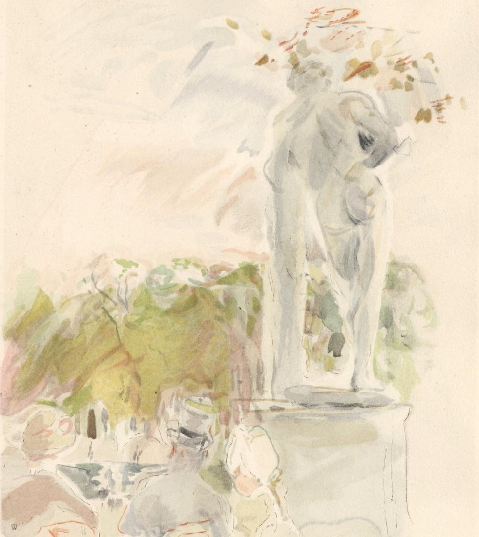 Berthe Morisot, Les Tuileries, Berthe Morisot Seize Aquarelles, Limited Edition Lithograph: Lithograph and stencil on velin du Marais paper. Paper Size: 15 x 11 inches. Excellent condition. Inscription: Unsigned and unnumbered, as issued. Notes: From the folio, Berthe Morisot Seize Aquarelle