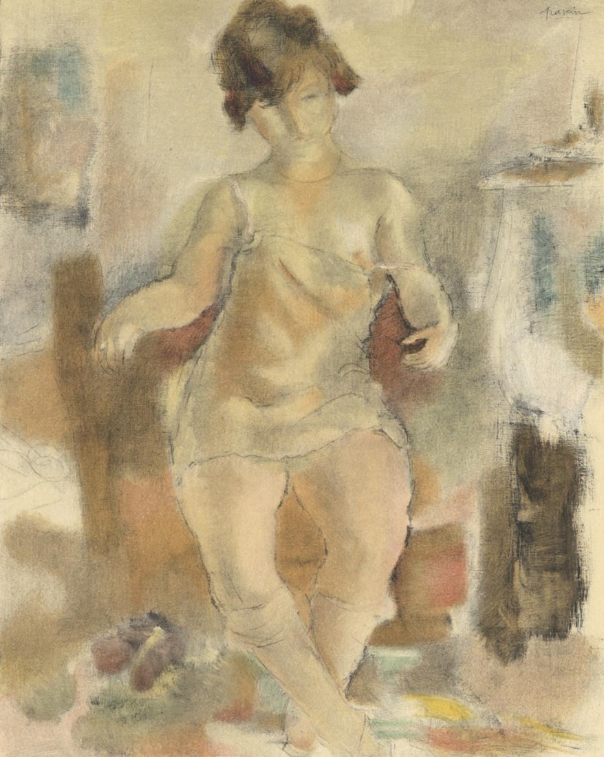 Jules Pascin, Nu a la chemisette rose, Pascin, Limited Edition Lithograph: Lithograph on grand velin Renage paper. Paper size: 12.25 x 9.5 inches. Excellent condition. Inscription: Signed in the plate and unnumbered, as issued. Notes: From the album, Pascin, 1954. Published