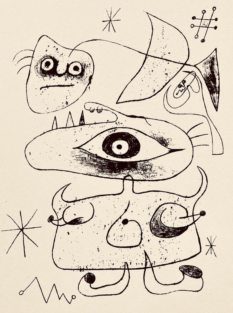 Joan Miro, Composition, The Prints of Joan Miro, Limited Edition Etching: Etching on velin paper. Inscription: Unsigned and unnumbered, as issued. Paper Size: 11 x 8.5 inches. Excellent condition. Notes: From the folio, The Prints of Joan Miro, Fall, 1947. Published by Curt