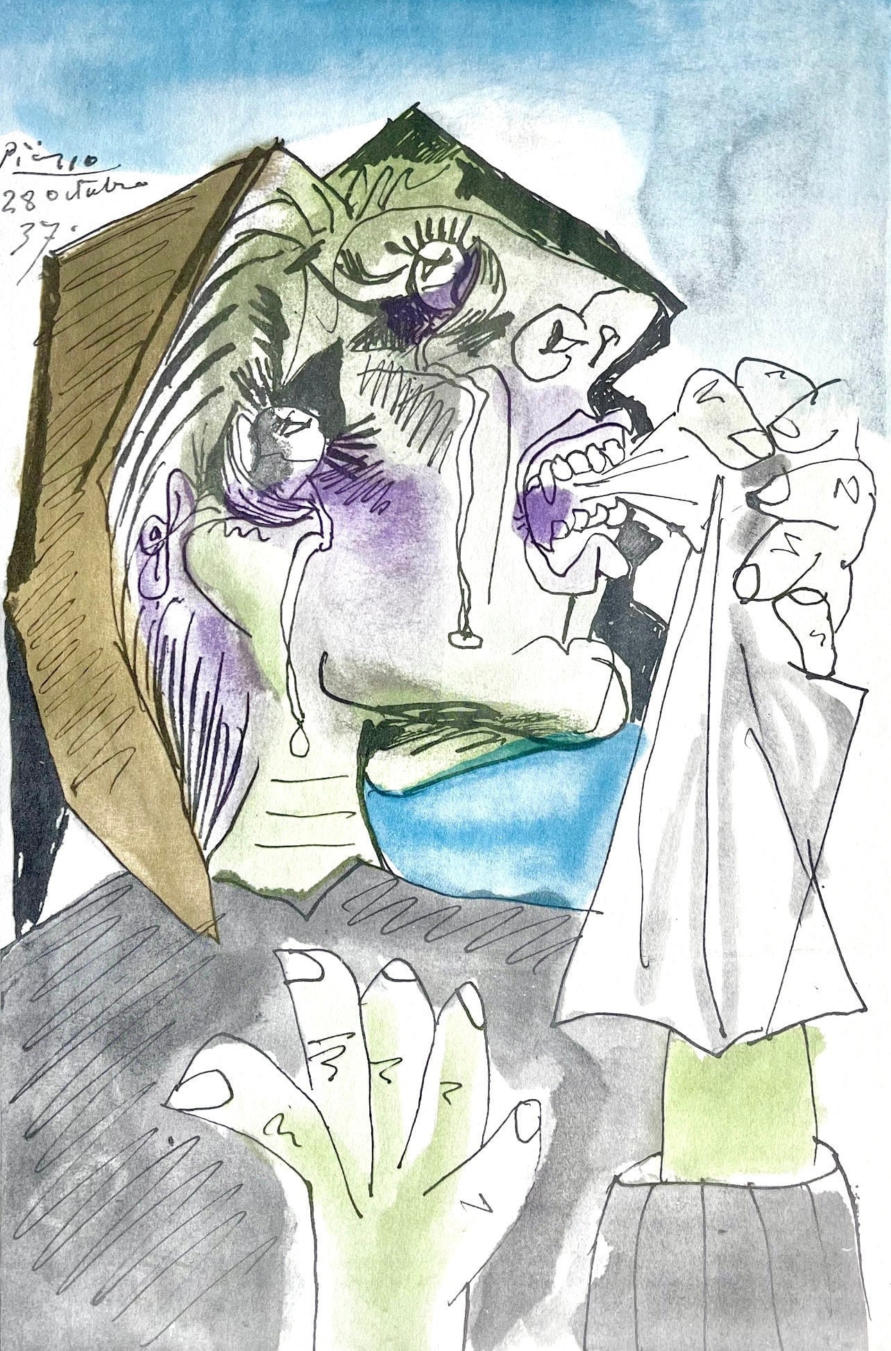 Pablo Picasso, Weeping Woman (Orozco 95), Picasso: Fifteen Drawings, Limited Edition Lithograph: Lithograph and stencil on velin paper. Unsigned and unnumbered, as issued. Paper Size: 18.75 x 12.625 inches. Excellent condition. Notes: From the folio, Picasso: Fifteen Drawings, 1946. Published by