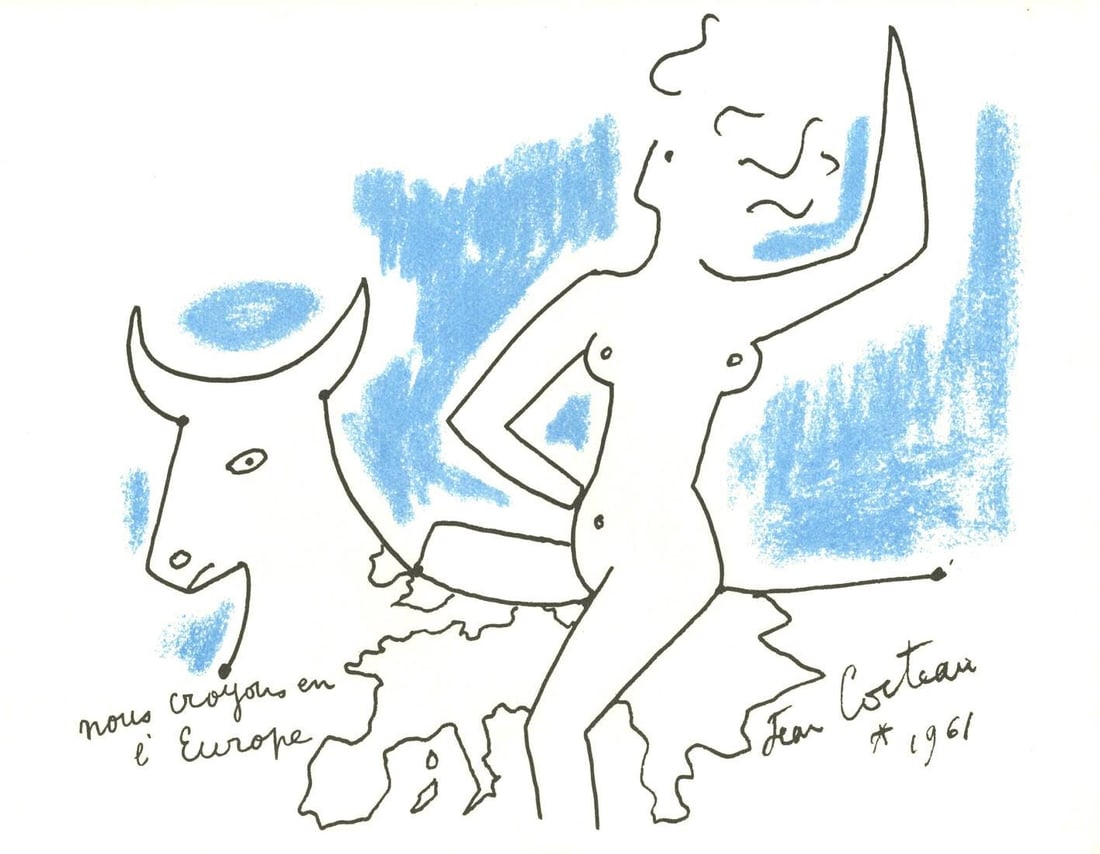 Jean Cocteau, Composition, Nous croyons en l'Europe, Limited Edition Silkscreen: Silkscreen on velin papier Ingres de chez Arjomari-Prioux paper. Paper size: 12.99 x 17.32 inches. Excellent condition. Inscription: signed in the plate and unnumbered, as issued. Notes: from the foli