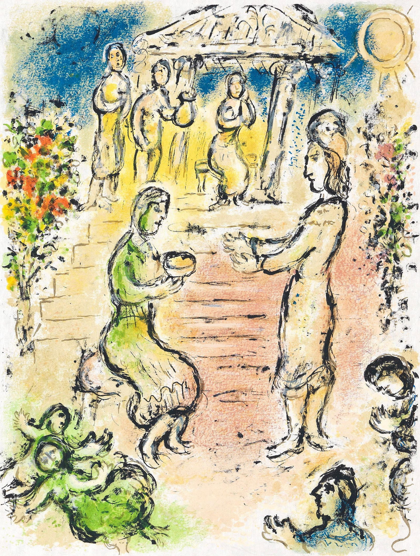 Marc Chagall, Palast von Alkinoos, Homer, Die Odyssee, Limited Edition Lithograph: Lithograph on 250 g/m2 Butten Papierwerke Miliani AG, Fabriano paper. Paper Size: 14.88 x 11.69 inches. Inscription: Unsigned and unnumbered, as issued. Condition: Very good/excellent, consistent with