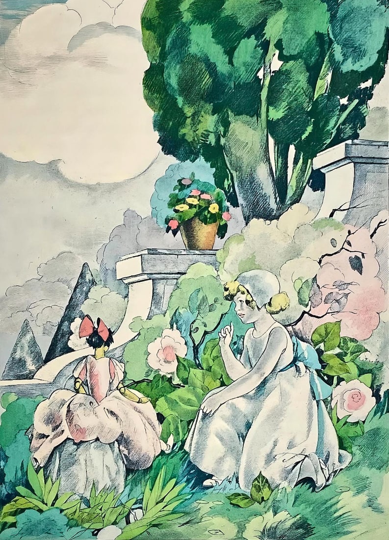 Umberto Brunelleschi, Composition, La Lecon d'amour dans un parc, Limited Edition Lithograph (1 of 4)